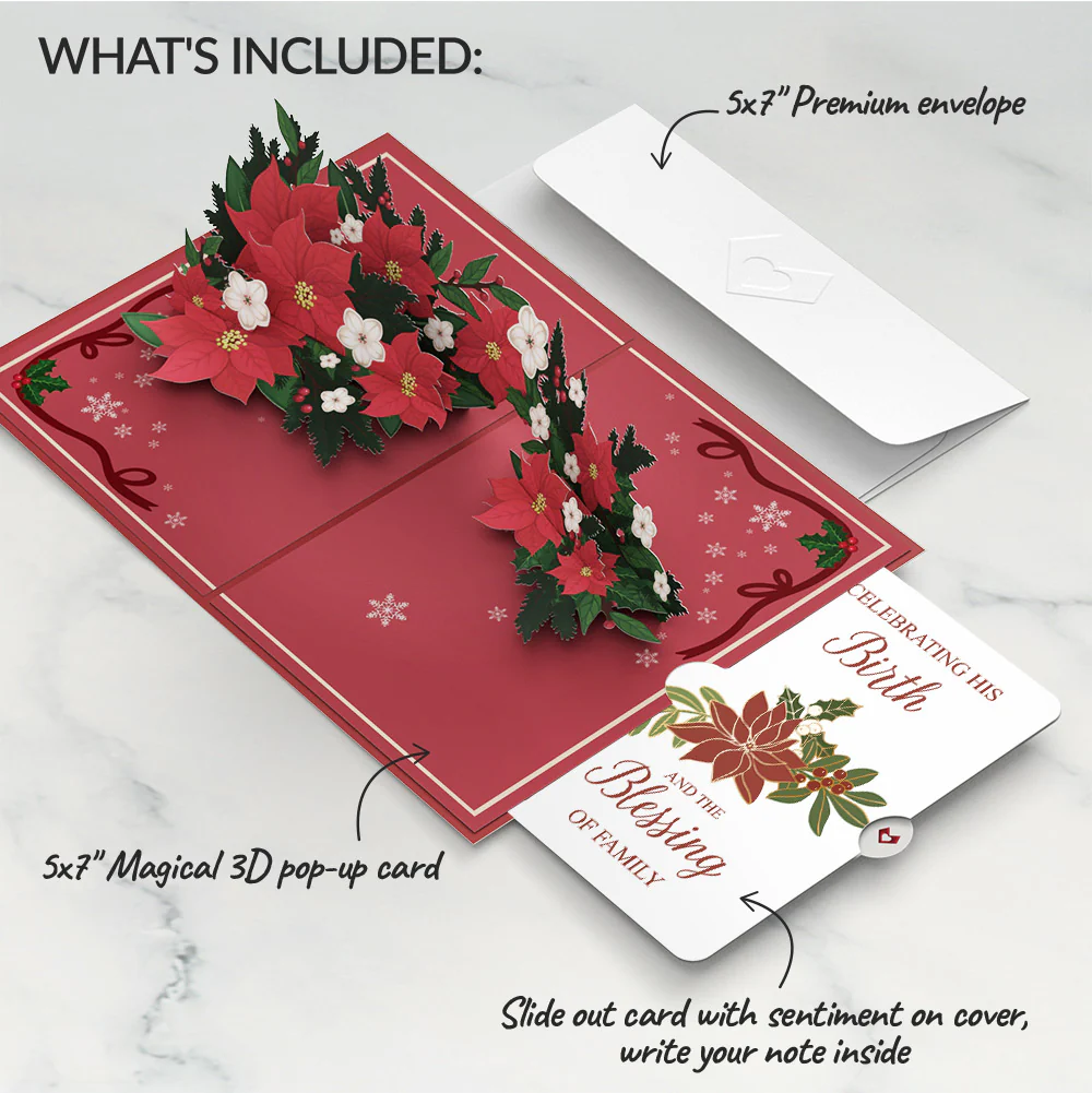 Poinsettia & Pine Christmas Pop-Up Card and Blessing Sentiment Set - Image 2