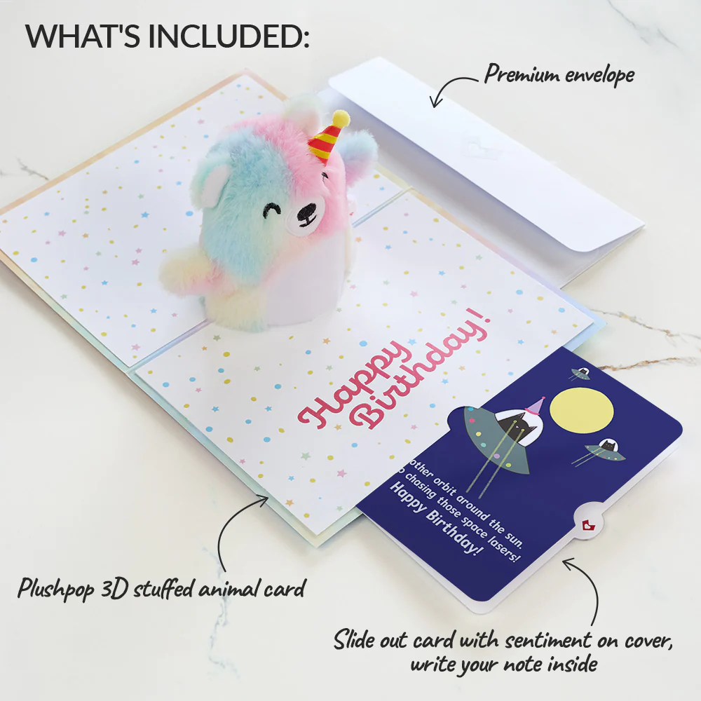 Rainbow Bear with Space Laser Cats Birthday Plushpop Card and Sentiment Set - Image 2