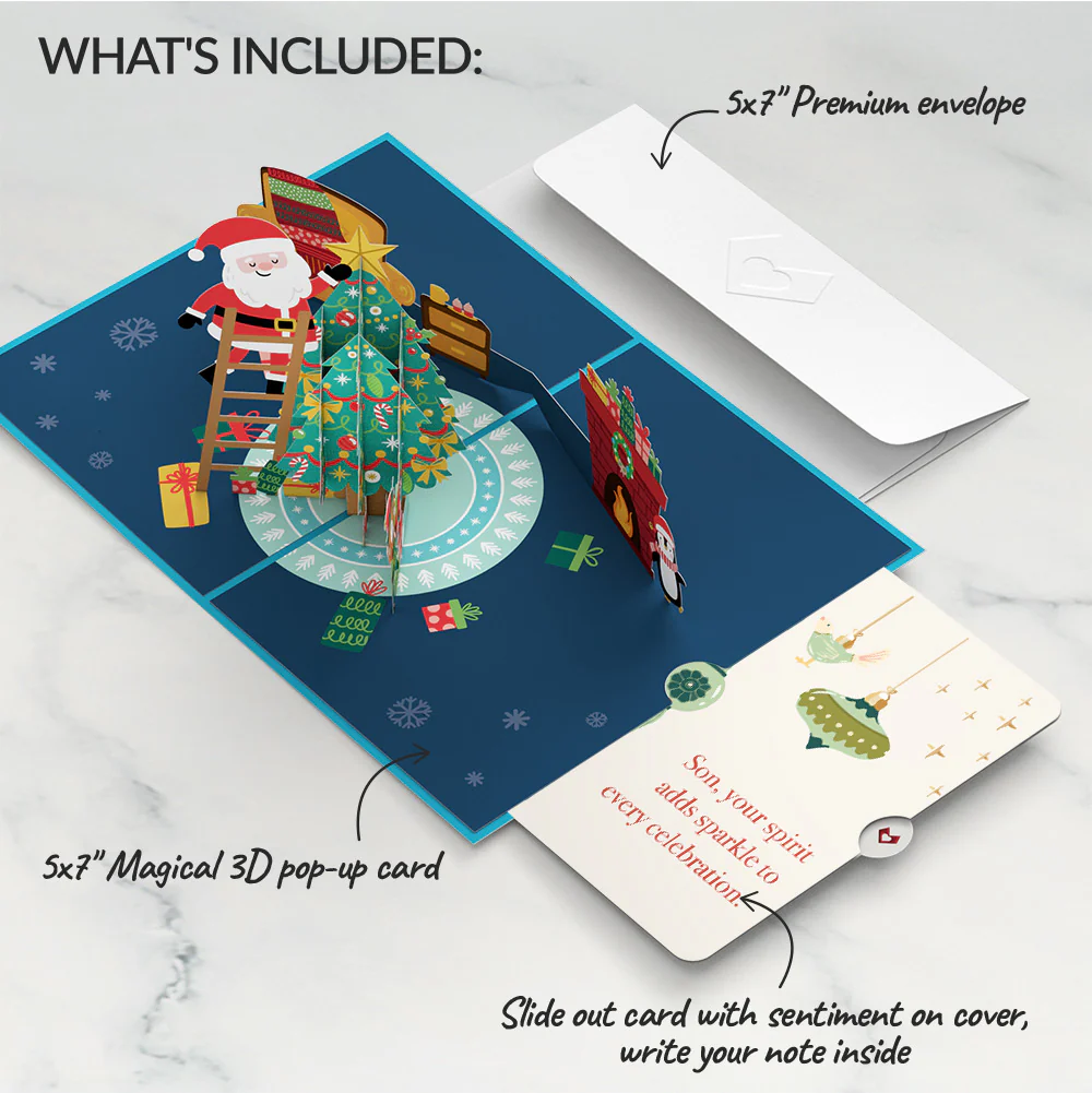 Santa Decorating a Christmas Tree Pop-Up Card and Sentiment Set for Son - Image 2
