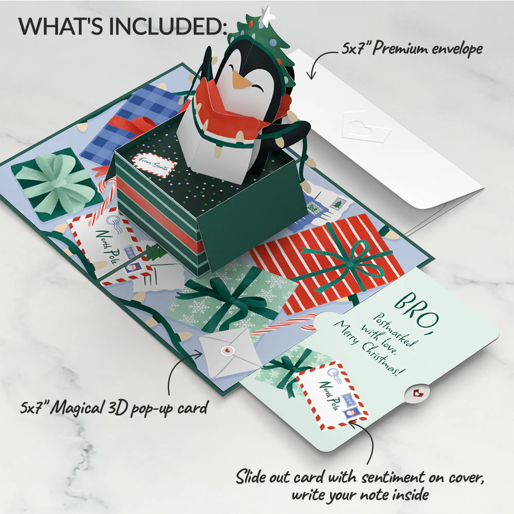 Season's Greetings Penguin Surprise Pop-Up Card and Sentiment Set for Brother - Image 2