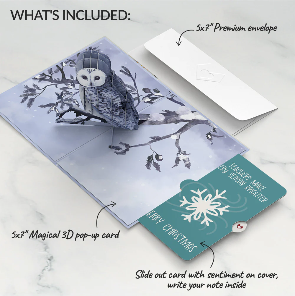 Snowy Owl Christmas Pop-Up Card and Sentiment Set for Teacher - Image 2