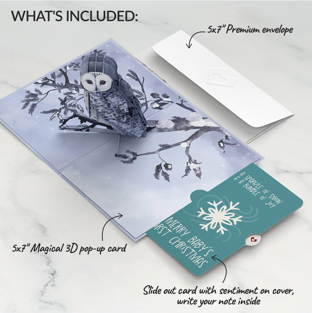 Snowy Owl First Christmas Pop-Up Card and Snowflake Sentiment Set for Baby - Image 2