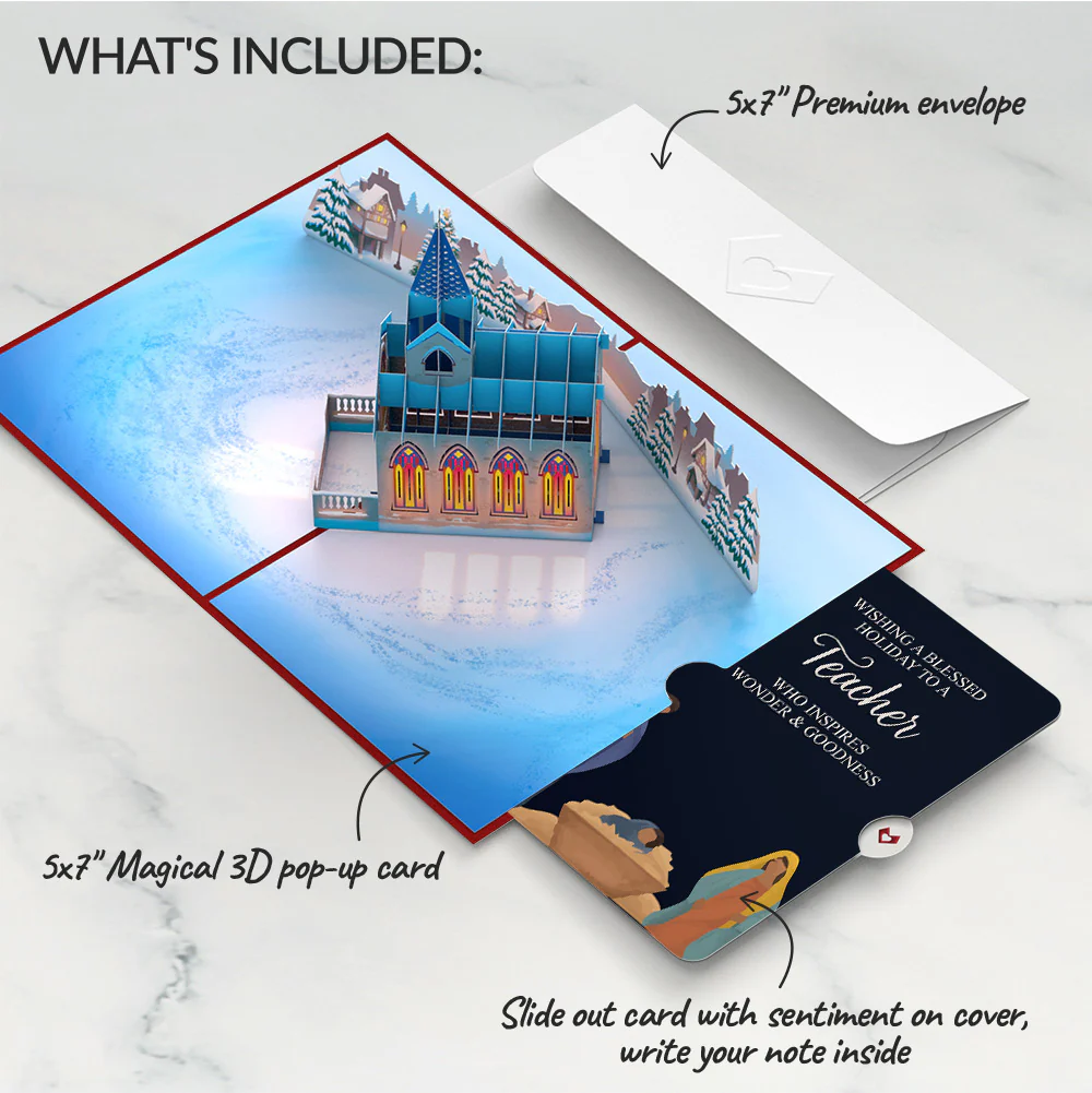 Stained Glass Christmas Chapel Pop-Up Card and Sentiment Set for Teacher - Image 2