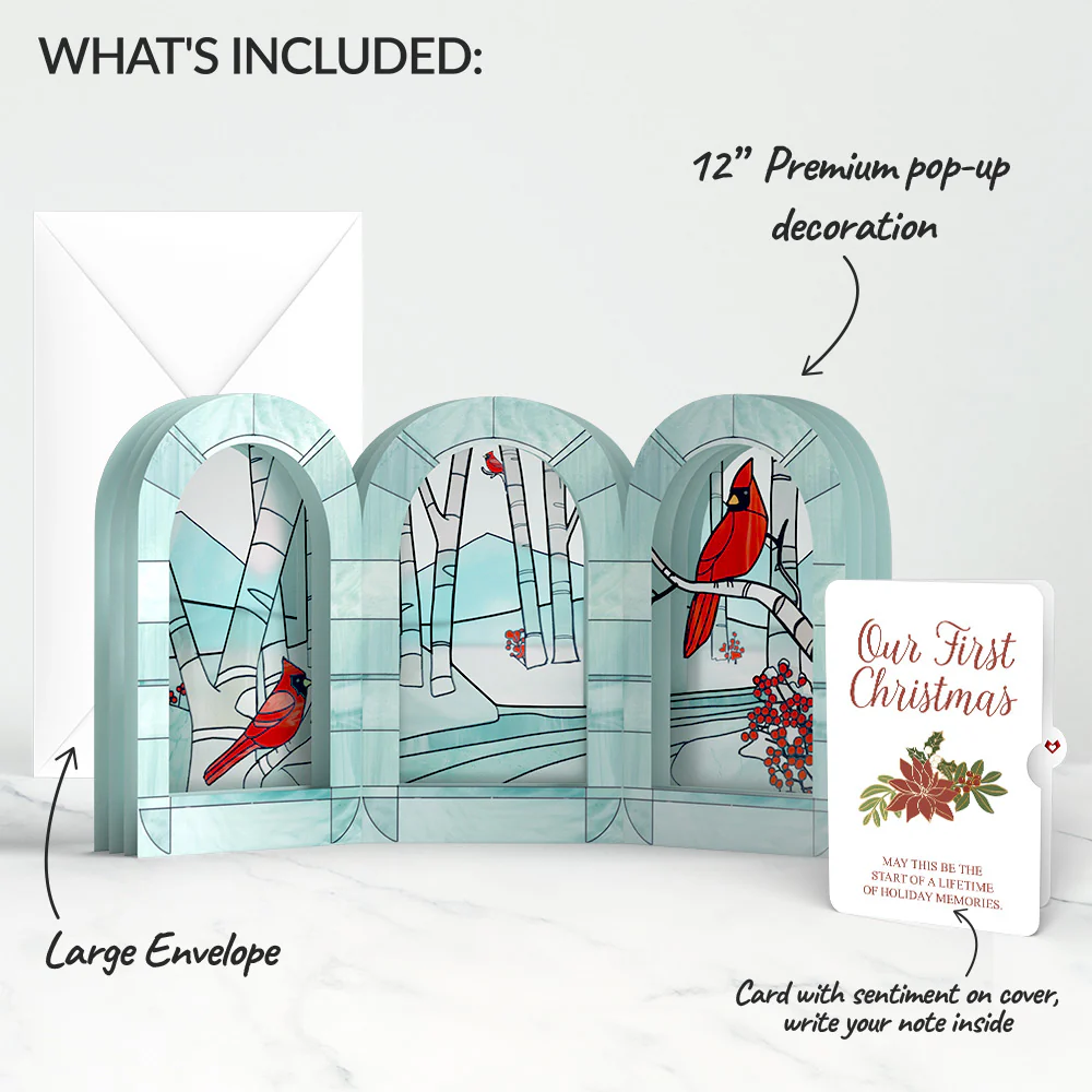 Stained Glass Winter Cardinal Pop-Up Gift and Poinsettia First Christmas Sentiment Set for Partner - Image 2