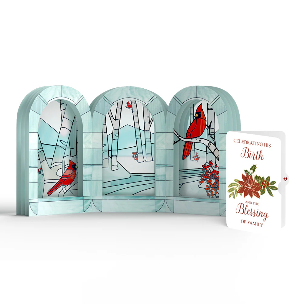 Stained Glass Winter Cardinal Pop-Up Gift and Poinsettia Blessing Christmas Sentiment Set