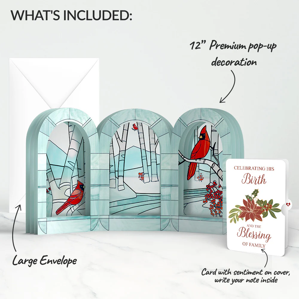 Stained Glass Winter Cardinal Pop-Up Gift and Poinsettia Blessing Christmas Sentiment Set - Image 2