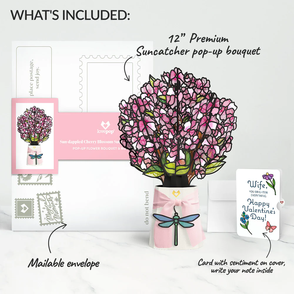 Sun-dappled Cherry Blossom Valentine Suncatcher Bouquet and Sentiment Set for Wife - Image 2
