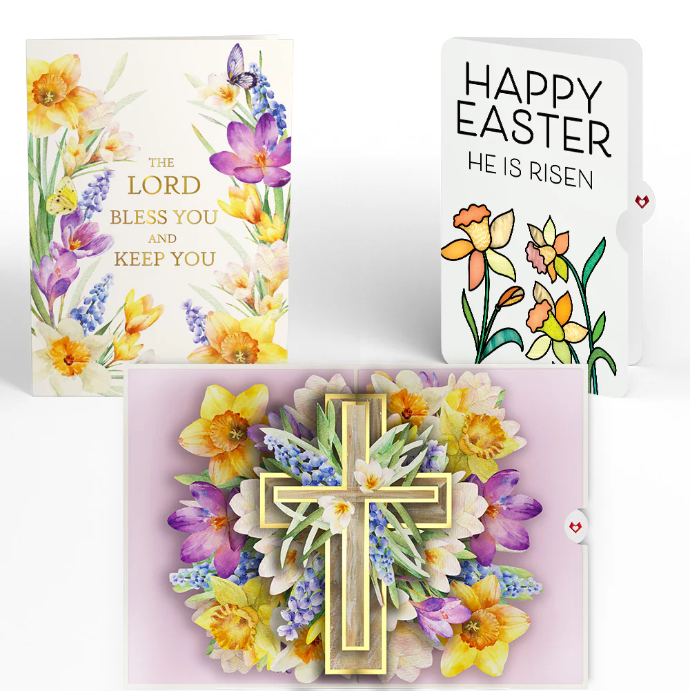 The Lord Bless You Floral Cross Easter Pop-Up Card and Garden Blooms He Is Risen Sentiment Set