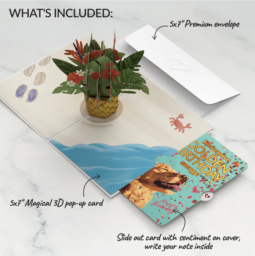 Tropical Flower Basket Birthday Pop-Up Card and Golden Energy Sentiment Set - Image 2