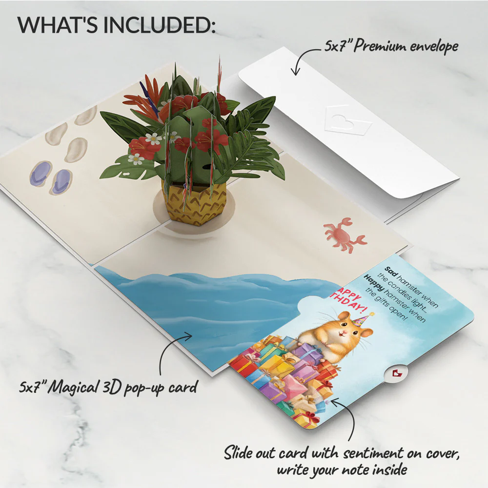 Tropical Flower Basket Birthday Pop-Up Card and Happy Hamster Sentiment Set - Image 2