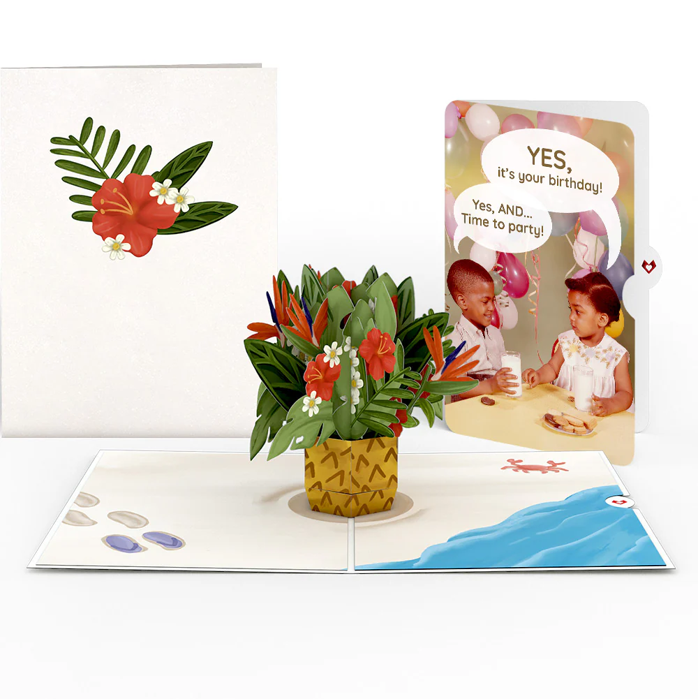 Tropical Flower Basket Birthday Pop-Up Card and Time to Party Sentiment Set