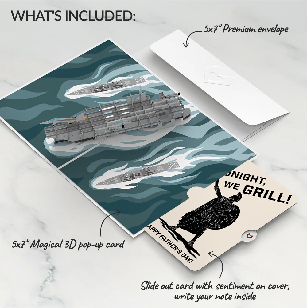 U.S. Aircraft Carrier Father's Day Pop-Up Card and Spartan Grilling Sentiment Set - Image 2