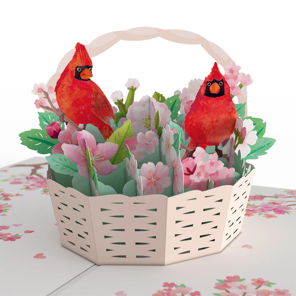 Valentine's Cherry Blossom Basket with Cardinals Pop-Up Card - Image 2