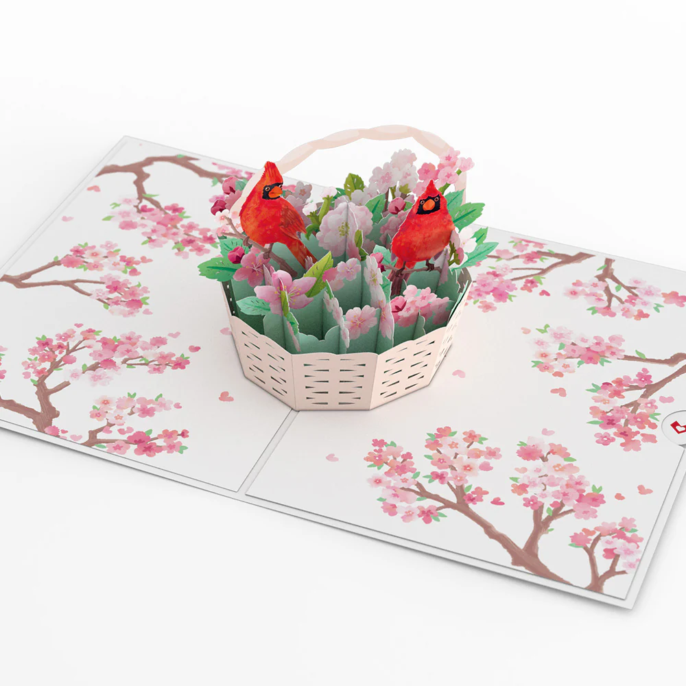 Valentine's Cherry Blossom Basket with Cardinals Pop-Up Card - Image 3