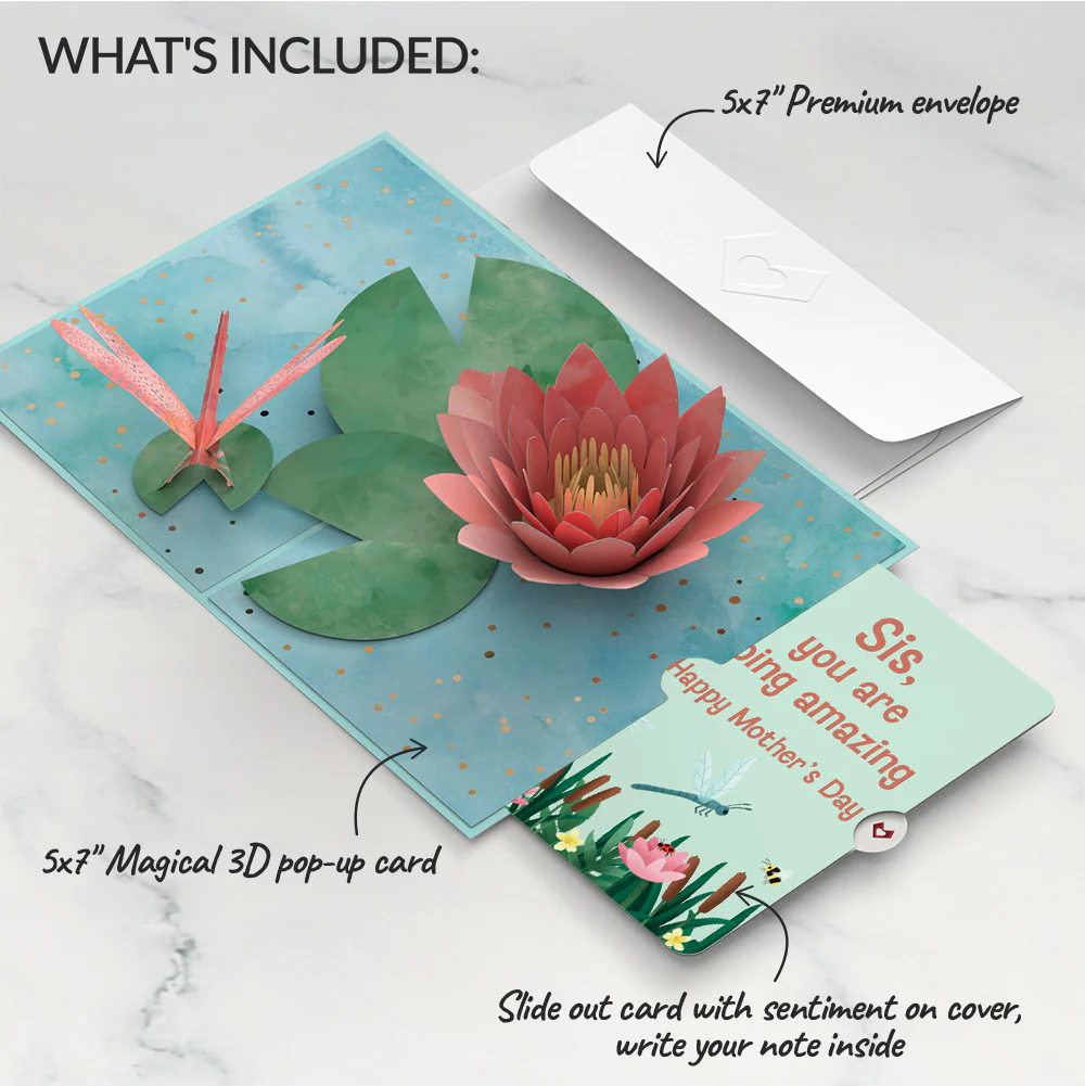 Water Lily Dragonfly Mother’s Day Pop-Up Card and Sentiment Set for Sister - Image 2