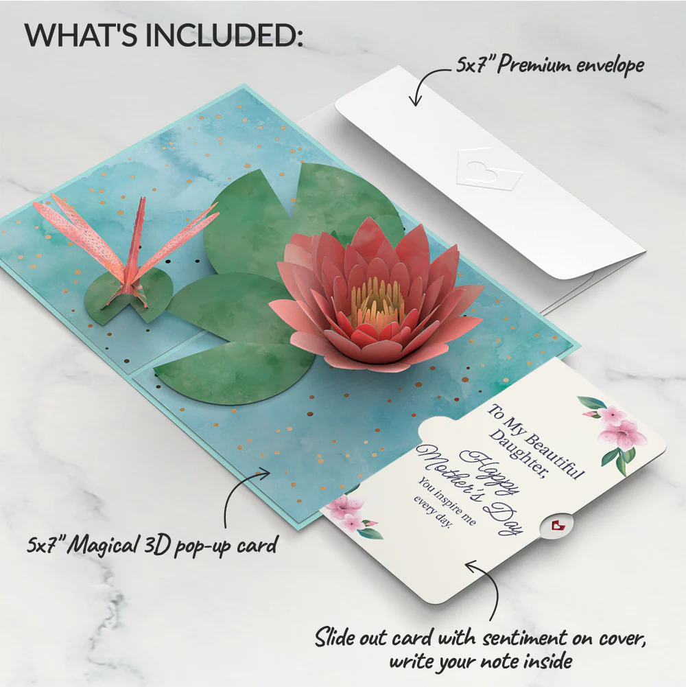 Water Lily Dragonfly Mother's Day Pop-Up Card and Sentiment Set for Daughter - Image 2