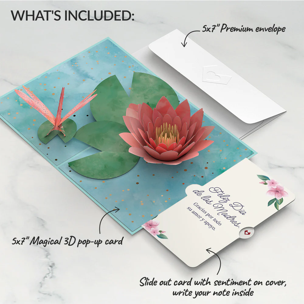 Water Lily Dragonfly Mother's Day Pop-Up Card and Sentiment Set for Spanish Mom - Image 2