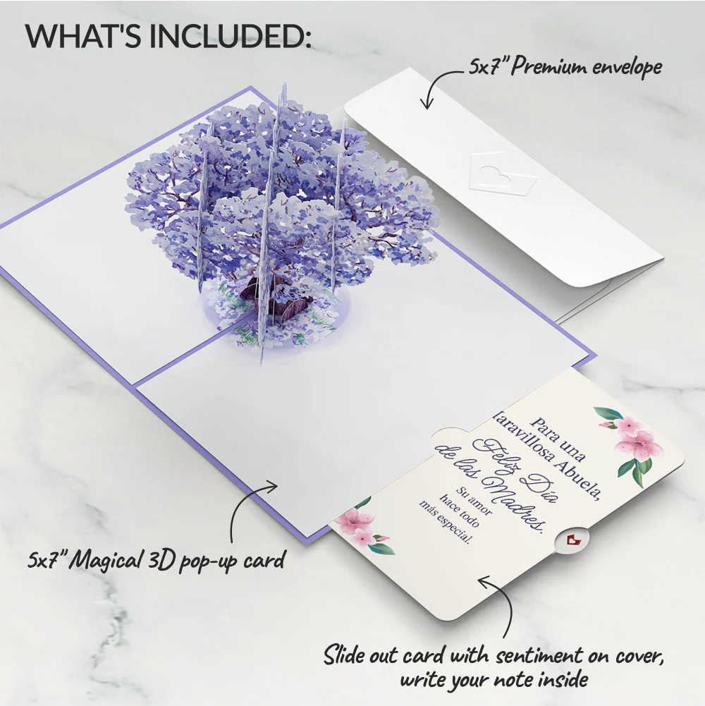 Watercolor Jacaranda Tree Mother's Day Pop-Up Card and Sentiment Set for Spanish Grandmother - Image 2