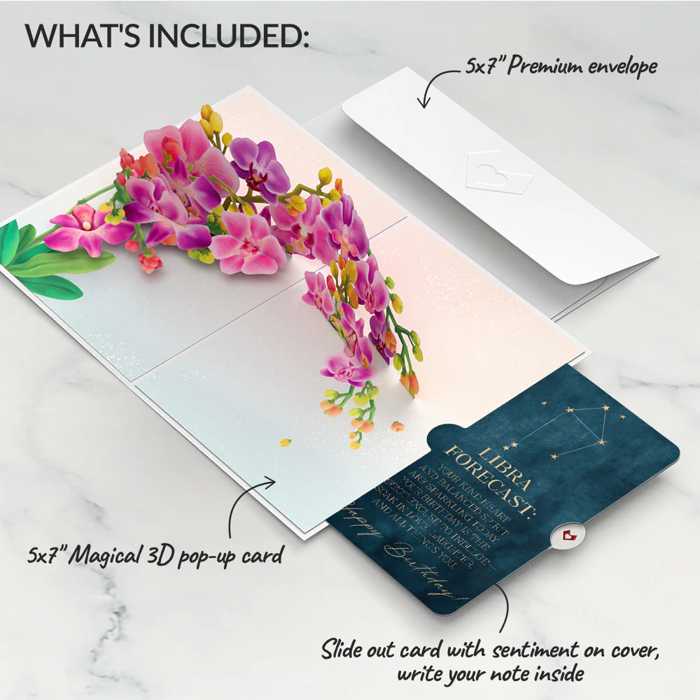 Watercolor Orchid Birthday Pop-Up Card and Libra Zodiac Sentiment Set - Image 2