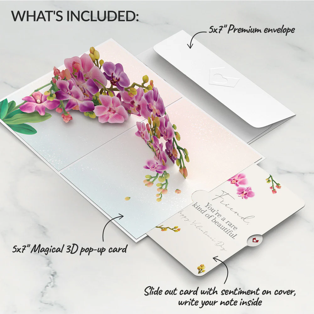 Watercolor Orchid Valentine Pop-Up Card and Sentiment Set for Friend - Image 2