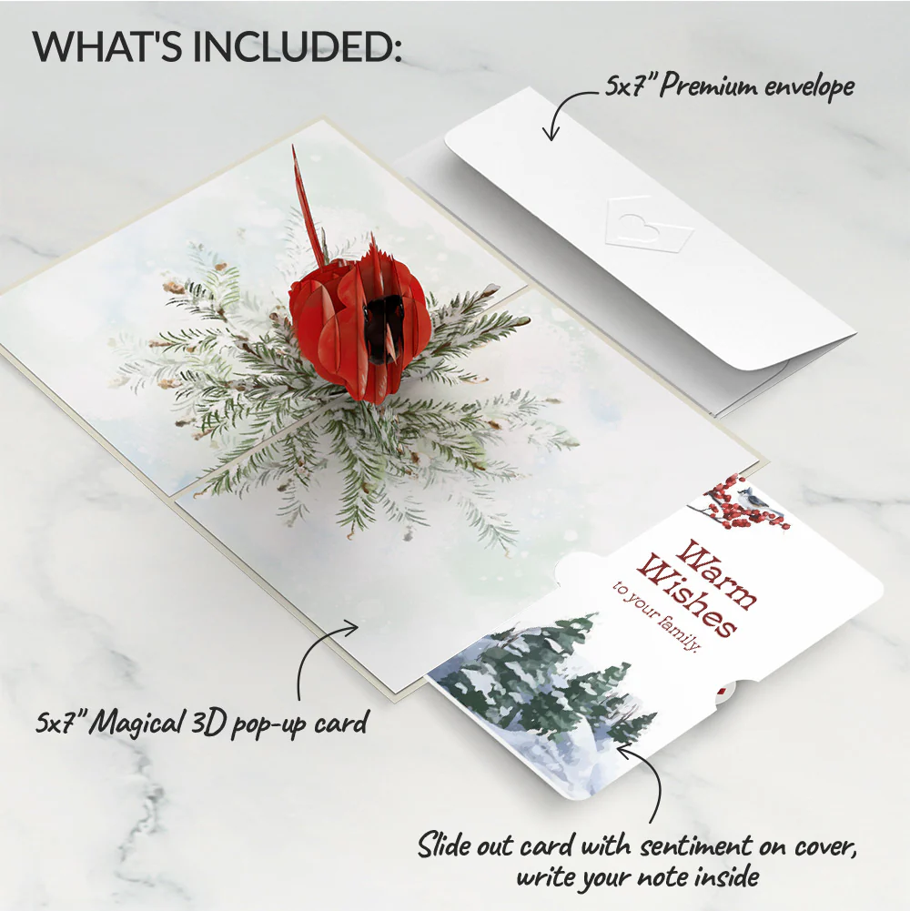 Winter Cardinal Pop-Up Card and Warm Wishes Sentiment Set for Family - Image 2