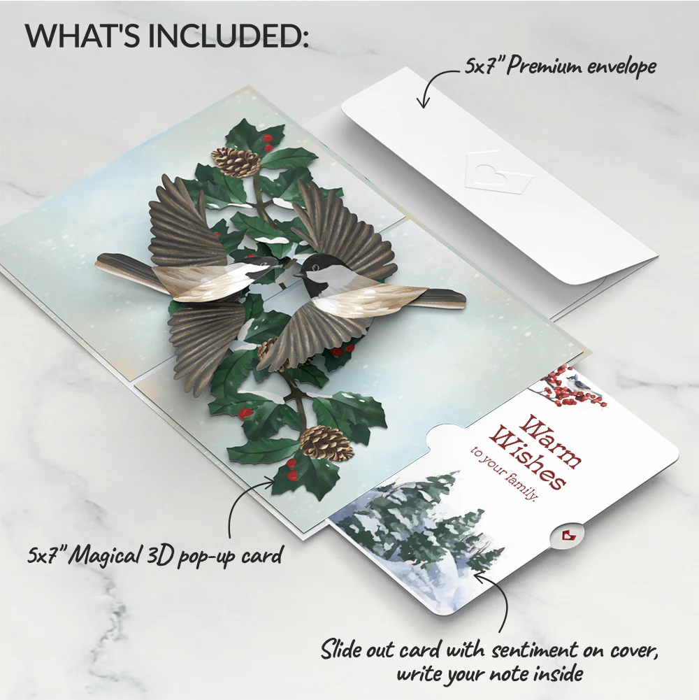 Winter Chickadees Pop-Up Card and Warm Wishes Sentiment Set for Family - Image 2