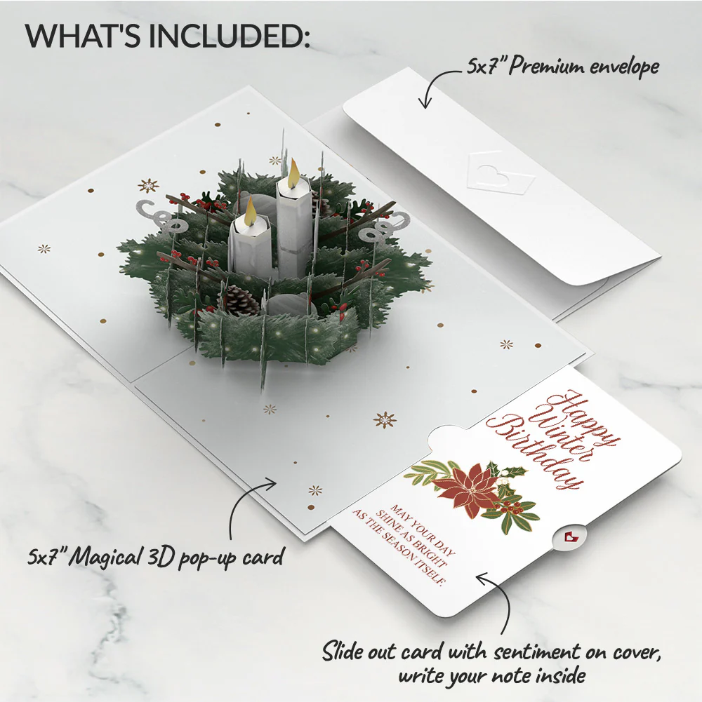Winter Greens Christmas Candle Pop-Up Card and Poinsettia Birthday Sentiment Set - Image 2