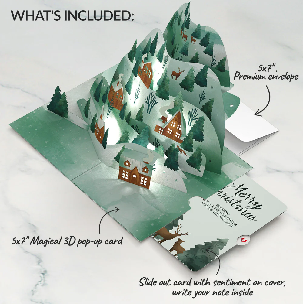 Winter Wishes Mountain Village Light-Up Pop-Up Card and Woodland Deer Merry Christmas Sentiment Set - Image 2