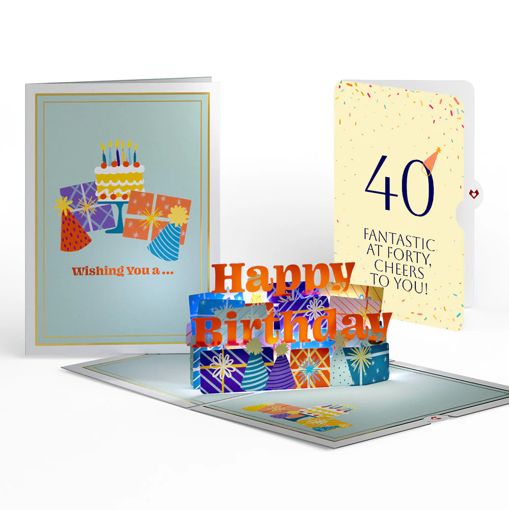 Wishing You a Happy 40th Birthday Music and Lights Pop-Up Card and Party Hat Sentiment Set