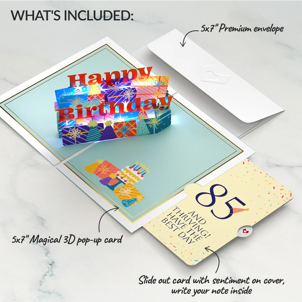 Wishing You a Happy 85th Birthday Music and Lights Pop-Up Card and Party Hat Sentiment Set - Image 2