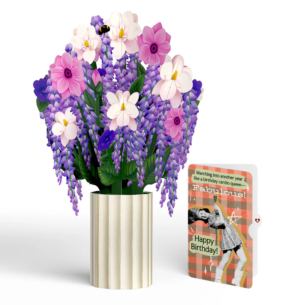 Wisteria Birthday Bouquet and Cardio Queen Sentiment Set
