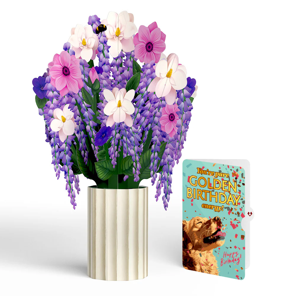 Wisteria Birthday Bouquet and Golden Energy Sentiment Set